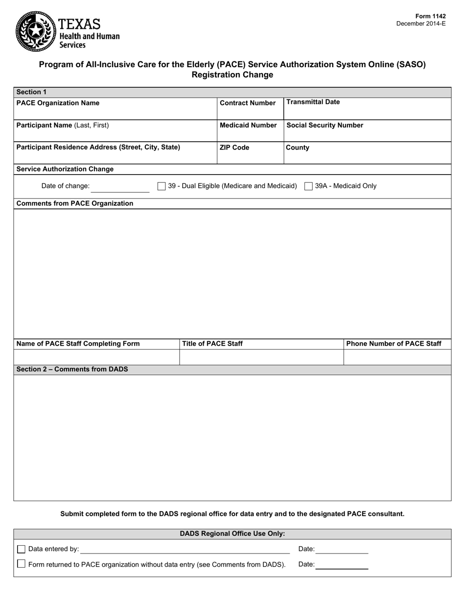 Form 1142 Program of All-inclusive Care for the Elderly (Pace) Service Authorization System Online (Saso) Registration Change - Texas, Page 1