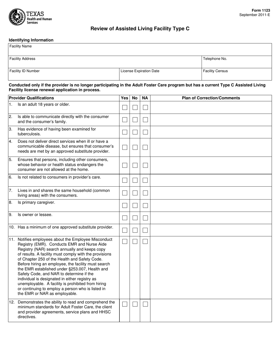 Form 1123 Review of Assisted Living Facility Type C - Texas, Page 1