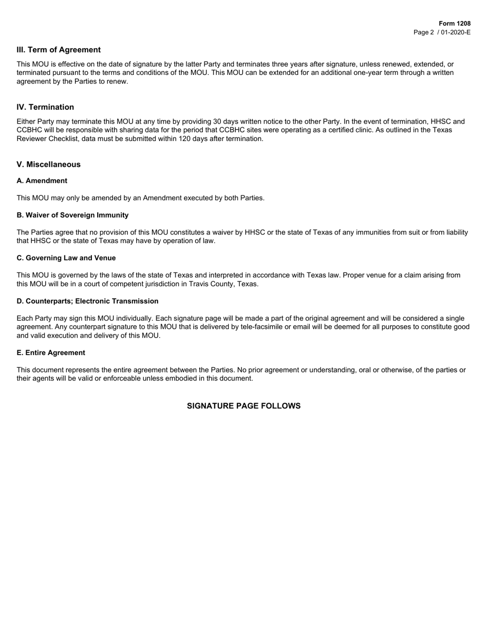 Form 1208 Memorandum of Understanding Between Texas Health and Human Services Commission (Hhsc) and Certified Community Behavioral Health Clinic (Ccbhc) - Texas, Page 2