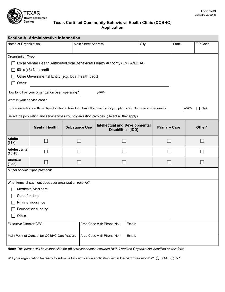 Form 1203 Texas Certified Community Behavioral Health Clinic (Ccbhc) Application - Texas, Page 1