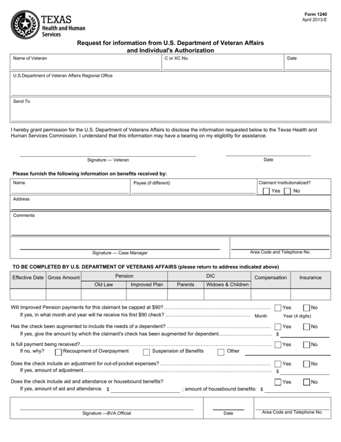 Form 1240 Request for Information From U.S. Department of Veteran Affairs and Individual's Authorization - Texas