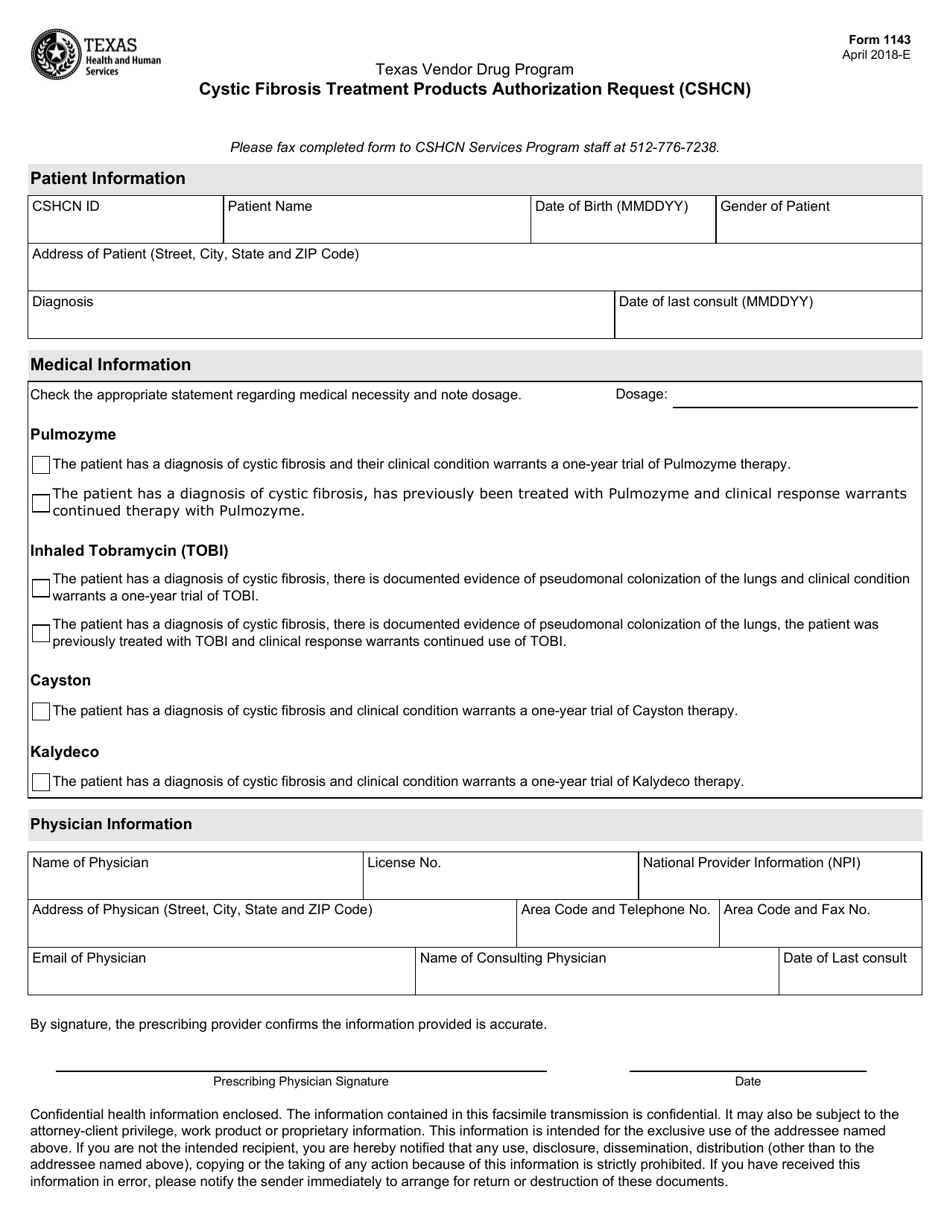Form 1143 Cystic Fibrosis Treatment Products Authorization Request (Cshcn) - Texas, Page 1
