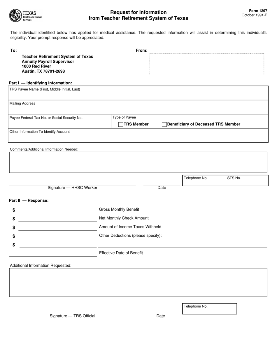 Form 1297 Request for Information From Teacher Retirement System of Texas - Texas, Page 1