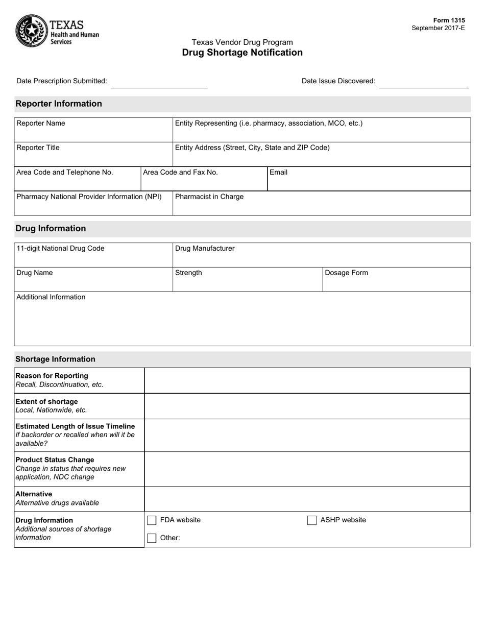 Form 1315 Drug Shortage Notification - Texas, Page 1