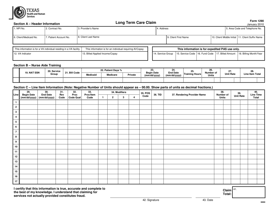 Form 1290 Long Term Care Claim - Texas, Page 1