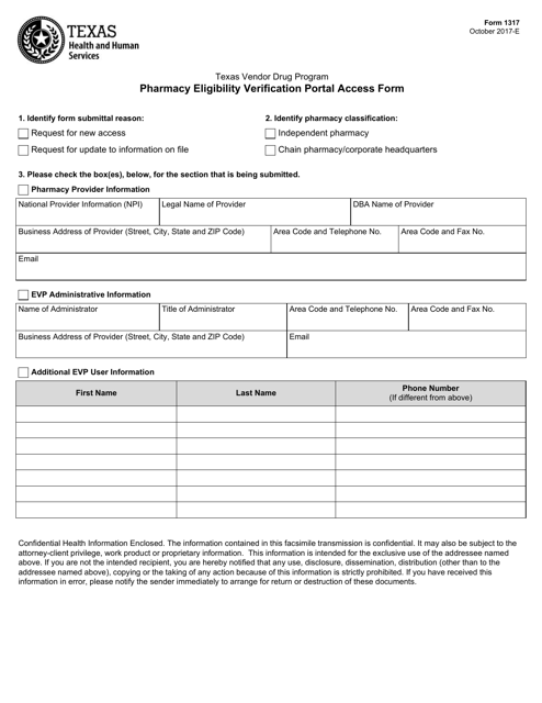 Form 1317 Pharmacy Eligibility Verification Portal Access Form - Texas