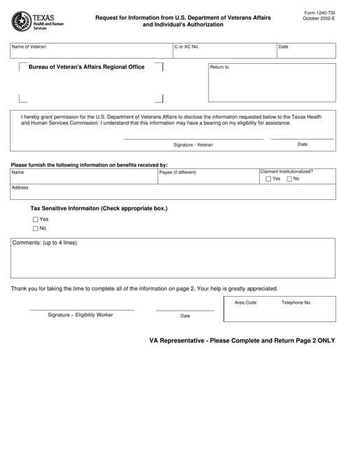 Form 1240-TSI Request for Information From U.S. Department of Veterans Affairs and Individual's Authorization - Texas