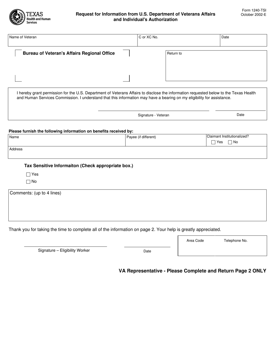 Form 1240-TSI Request for Information From U.S. Department of Veterans Affairs and Individuals Authorization - Texas, Page 1