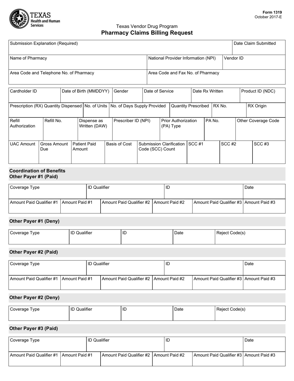 Form 1319 Pharmacy Claims Billing Request - Texas, Page 1