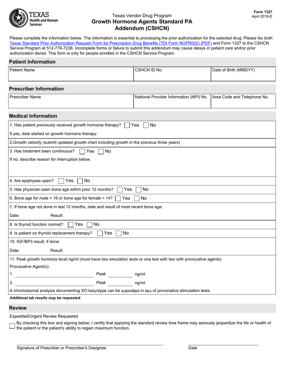 Form 1327 Growth Hormone Agents Standard Pa Addendum (Cshcn) - Texas, Page 1