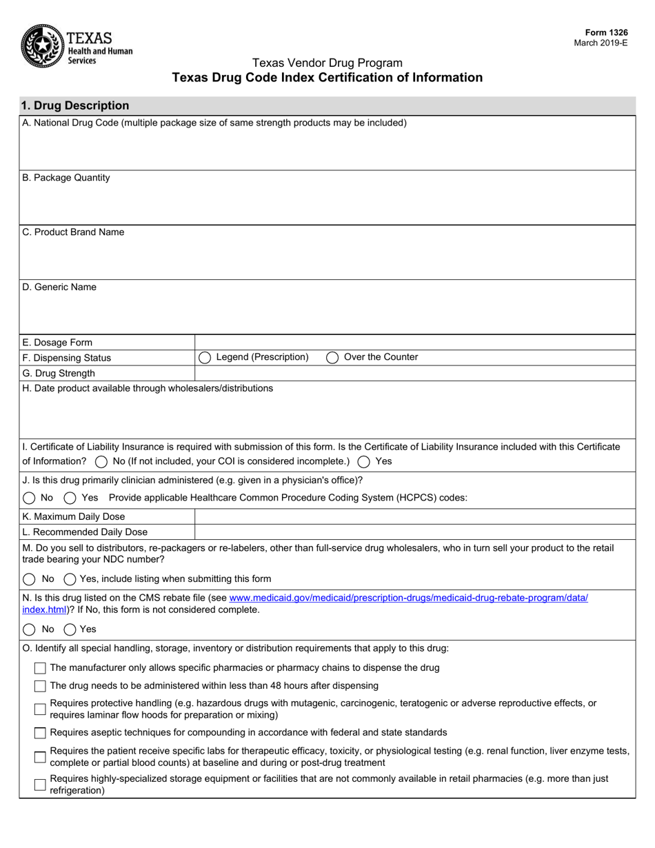 Form 1326 Texas Drug Code Index Certification of Information (Coi) - Texas, Page 1