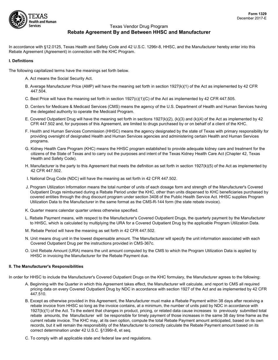 Form 1329 Kidney Health Care Program Drug Rebate Agreement - Texas, Page 1