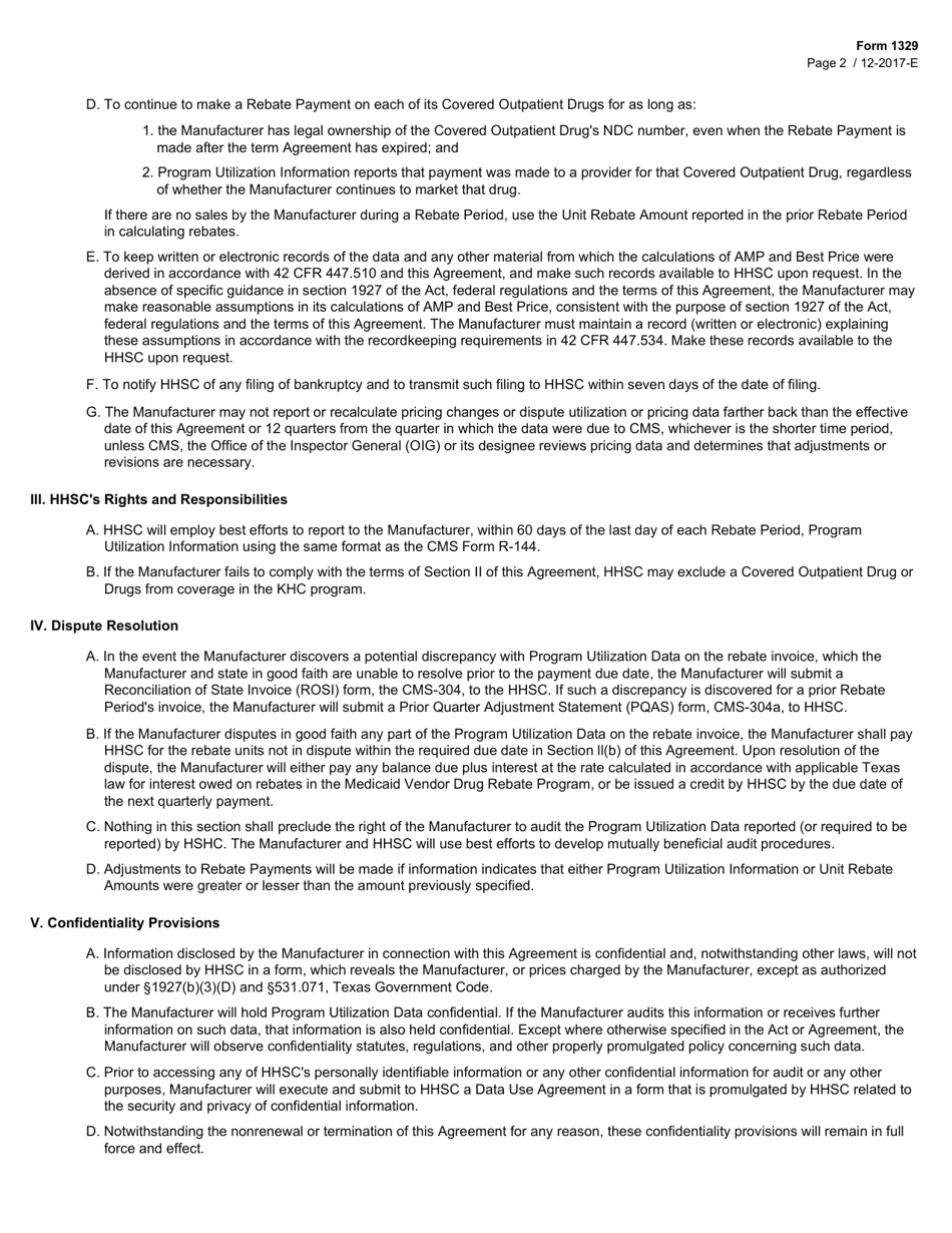 Form 1329 Kidney Health Care Program Drug Rebate Agreement - Texas, Page 2