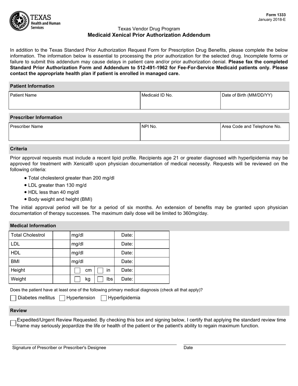 Form 1333 Medicaid Xenical Prior Authorization Addendum - Texas, Page 1