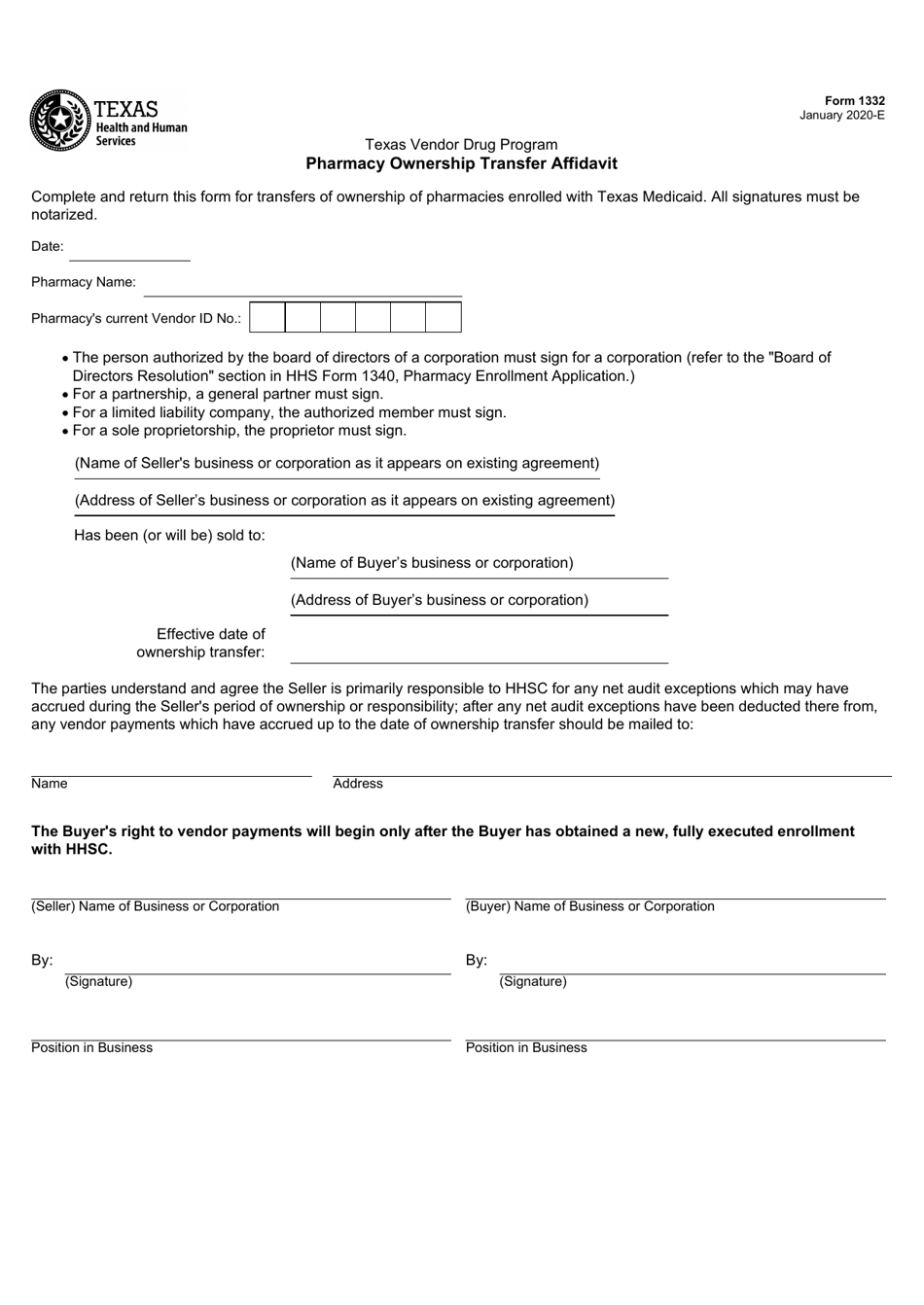 Form 1332 Pharmacy Ownership Transfer Affidavit - Texas, Page 1