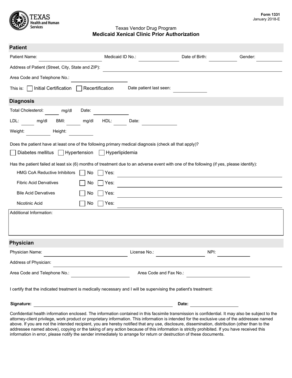 Form 1331 Medicaid Xenical Clinic Prior Authorization - Texas, Page 1