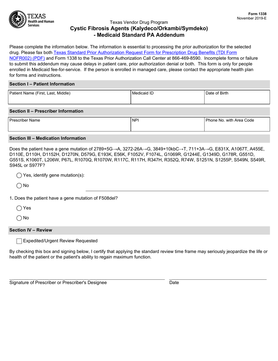 Form 1338 Cystic Fibrosis Agents (Kalydeco / Orkambi / Symdeko)  Medicaid Standard Pa Addendum - Texas, Page 1