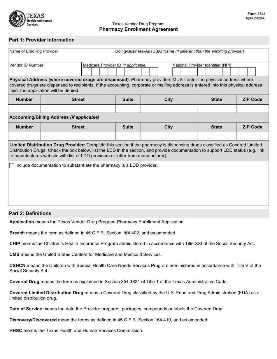 Form 1341 Pharmacy Enrollment Agreement - Texas, Page 1