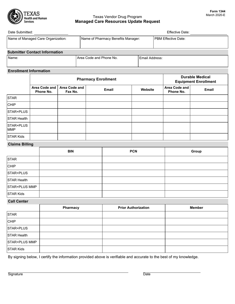 Form 1344 Managed Care Resources Update Request - Texas, Page 1