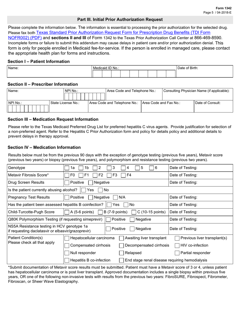 Form 1342 Antiviral Agents for Hepatitis C Virus Initial Request  Standard Pa Addendum (Medicaid) - Texas, Page 5