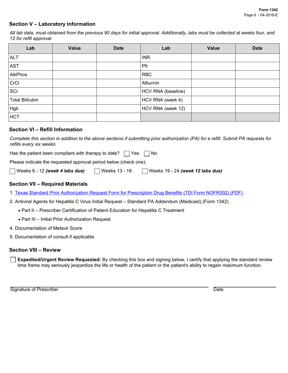 Form 1342 Antiviral Agents for Hepatitis C Virus Initial Request  Standard Pa Addendum (Medicaid) - Texas, Page 6