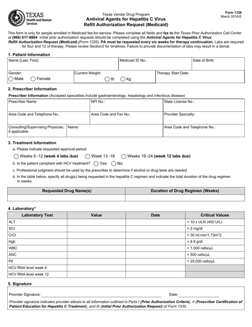 Form 1336 Antiviral Agents for Hepatitis C Virus Refill Authorization Request (Medicaid) - Texas