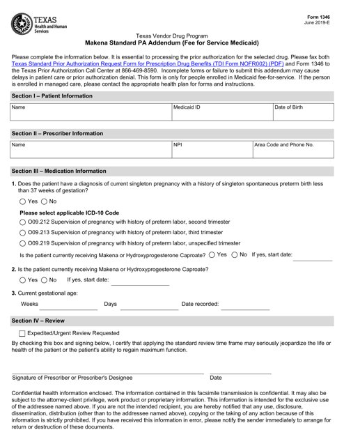 Form 1346 Makena Standard Pa Addendum (Fee for Service Medicaid) - Texas