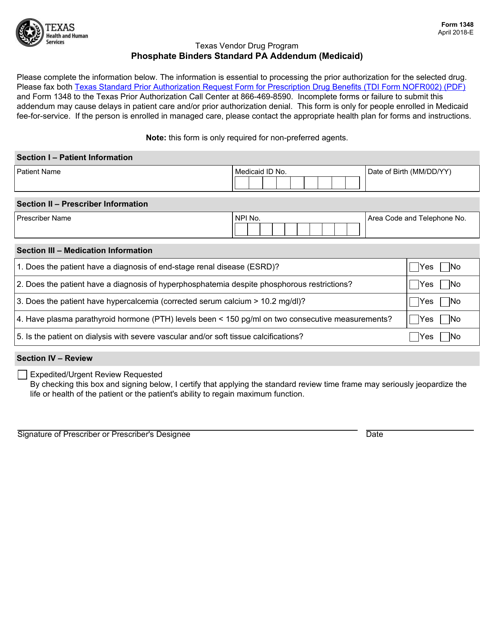 Form 1348 Phosphate Binders Standard Pa Addendum (Medicaid) - Texas