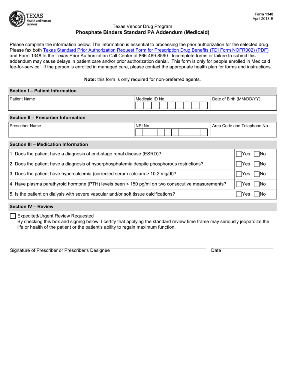 Form 1348 Phosphate Binders Standard Pa Addendum (Medicaid) - Texas, Page 1