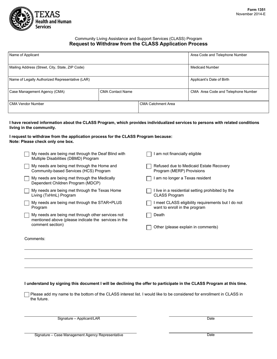 Form 1351 Request to Withdraw From the Class Application Process - Texas, Page 1