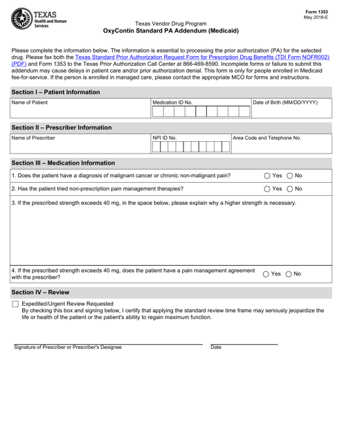 Form 1353 Oxycontin Standard Pa Addendum (Medicaid) - Texas