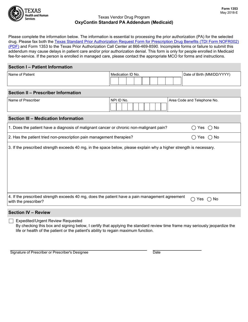 Form 1353 Oxycontin Standard Pa Addendum (Medicaid) - Texas, Page 1