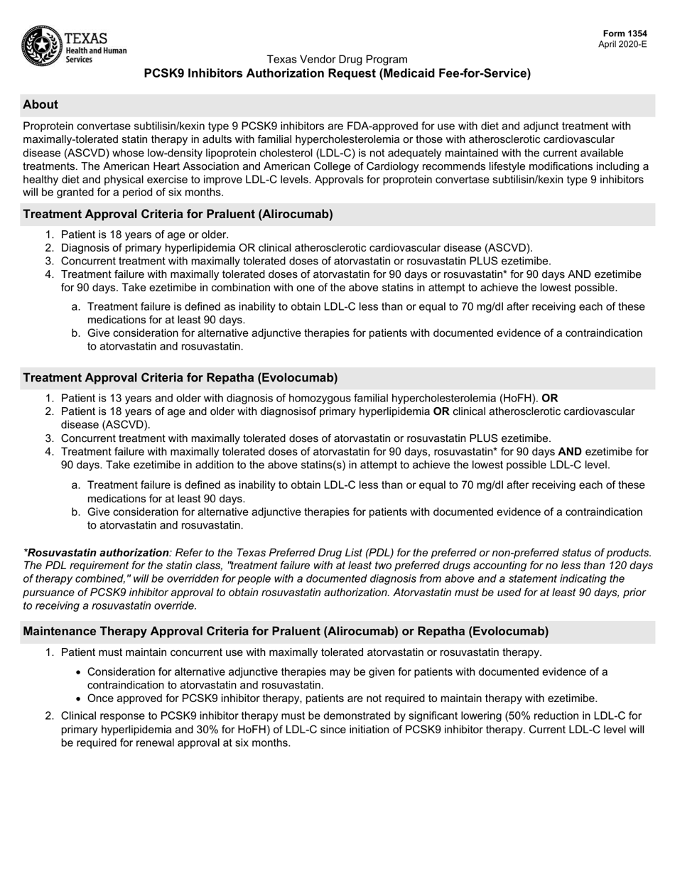 Form 1354 Pcsk9 Inhibitors Authorization Request (Medicaid Fee-For-Service) - Texas, Page 1