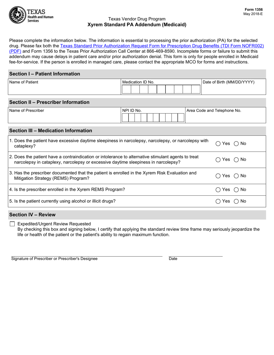 Form 1356 Xyrem Standard Pa Addendum (Medicaid) - Texas, Page 1