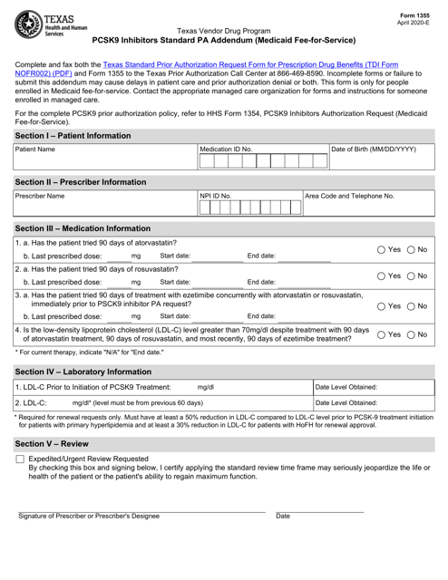 Form 1355 Pcsk9 Inhibitors Standard Pa Addendum (Medicaid Fee-For-Service) - Texas