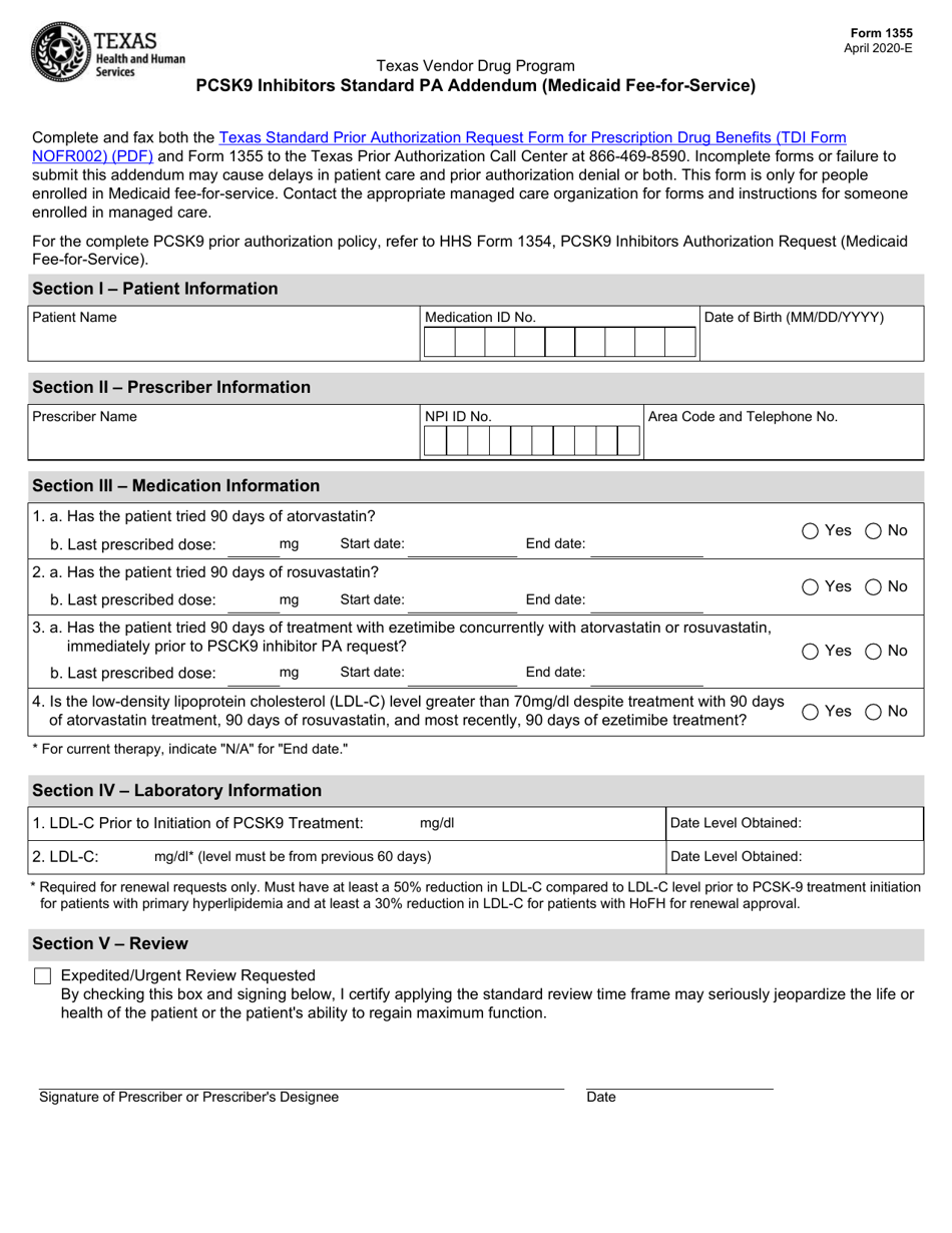 Form 1355 Pcsk9 Inhibitors Standard Pa Addendum (Medicaid Fee-For-Service) - Texas, Page 1
