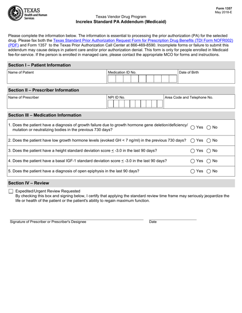 Form 1357 Increlex Standard Pa Addendum (Medicaid) - Texas