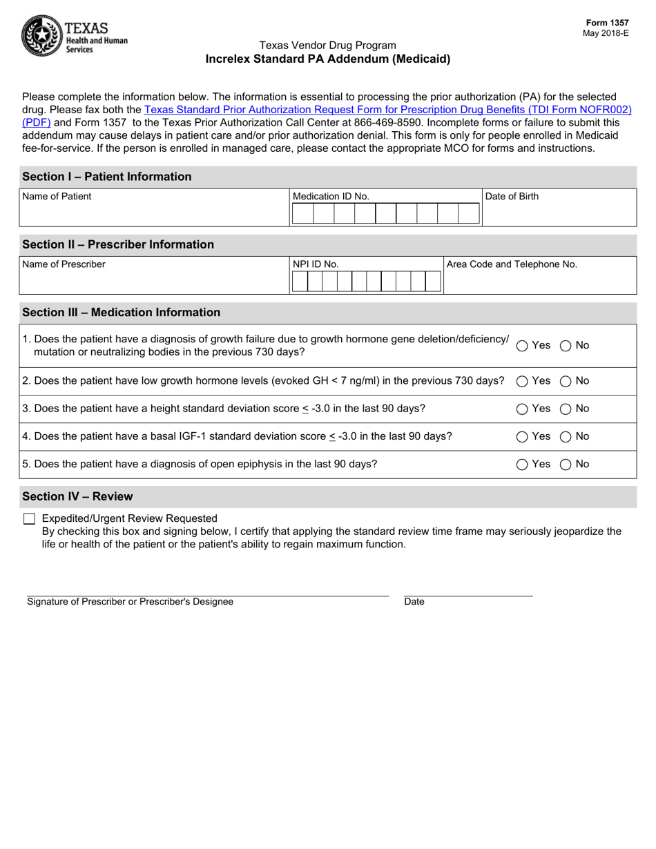 Form 1357 Increlex Standard Pa Addendum (Medicaid) - Texas, Page 1