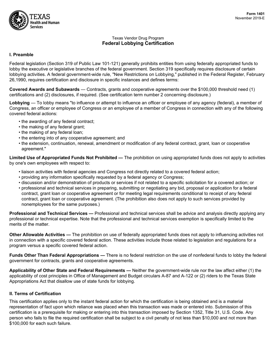 Form 1401 Federal Lobbying Certification - Texas, Page 1