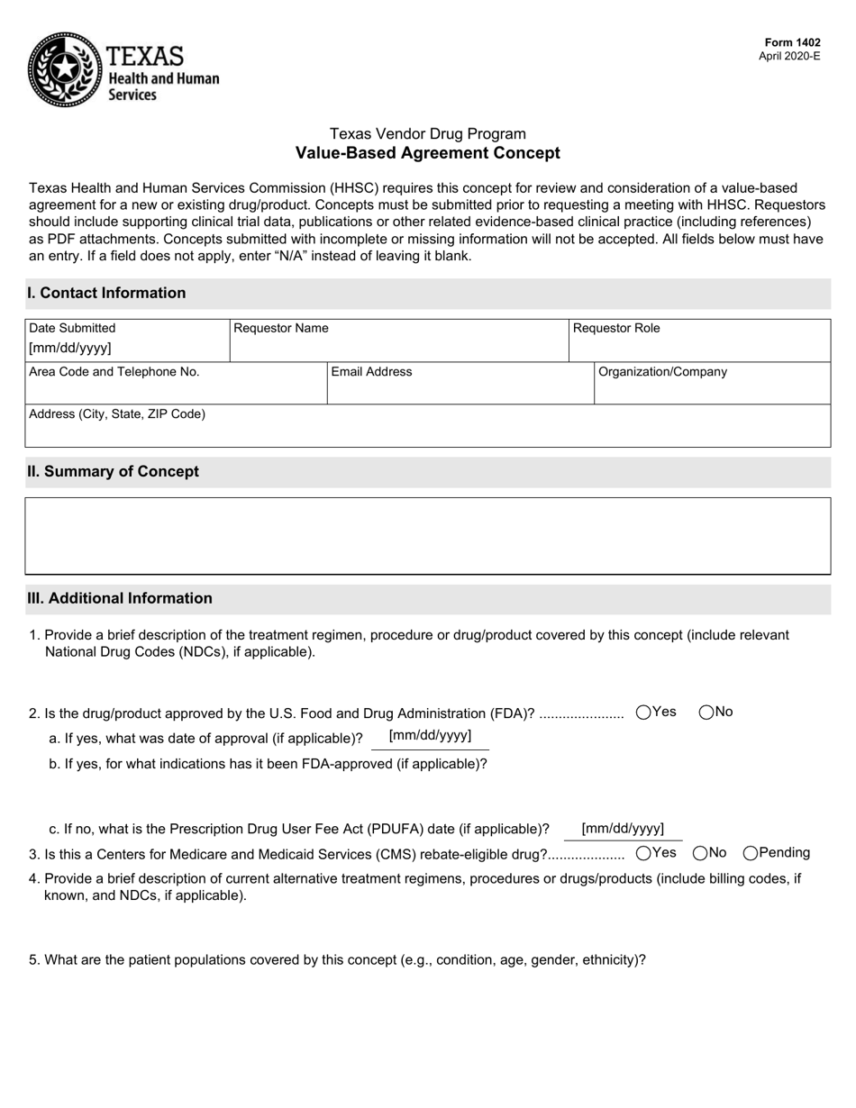 Form 1402 Value-Based Agreement Concept - Texas, Page 1
