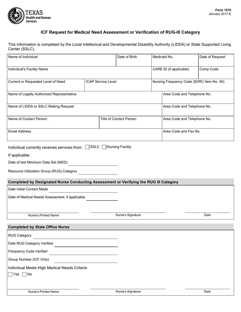 Form 1570 Icf Request for Medical Need Assessment or Verification of Rug-Iii Category - Texas, Page 1