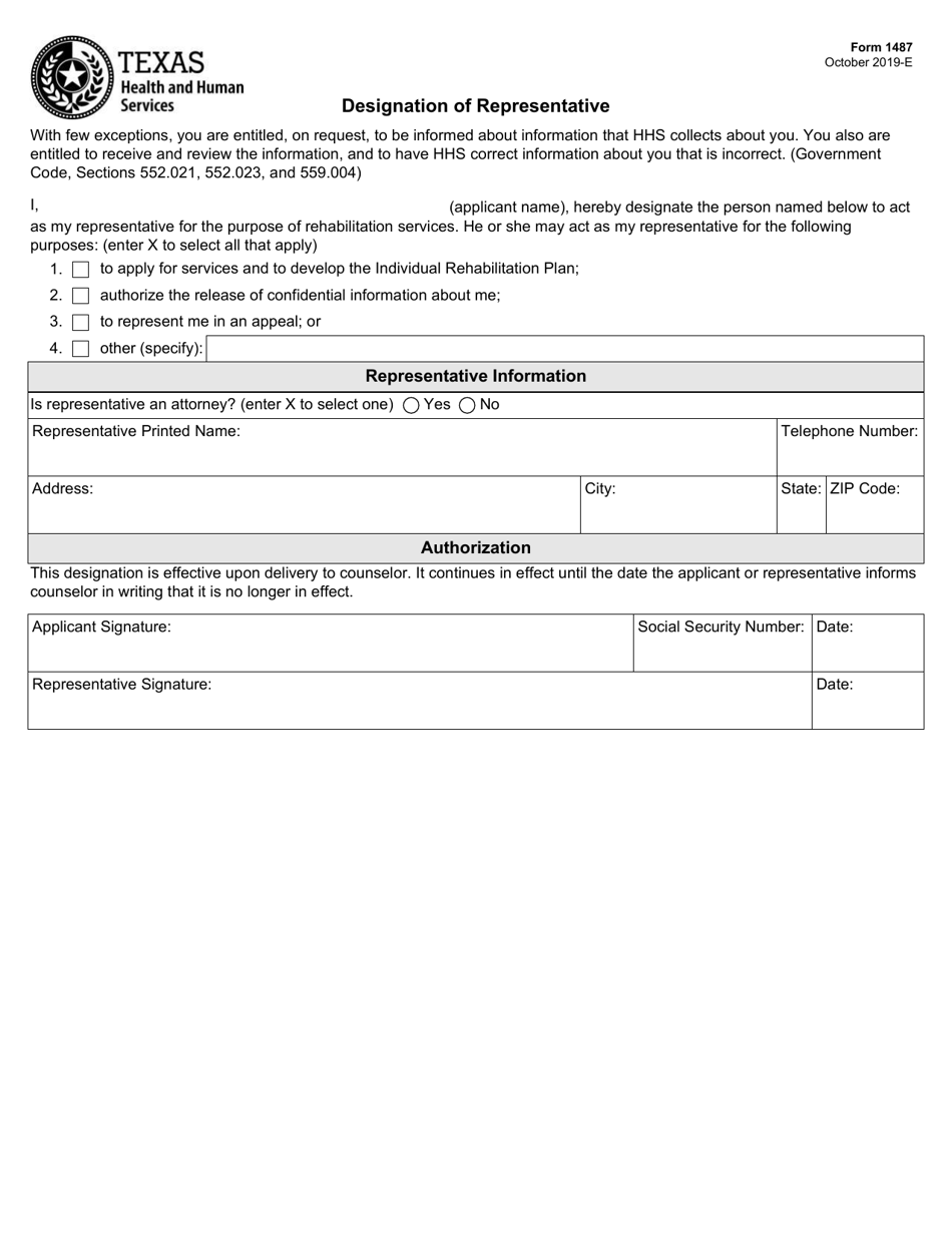 Form 1487 Designation of Representative - Texas, Page 1