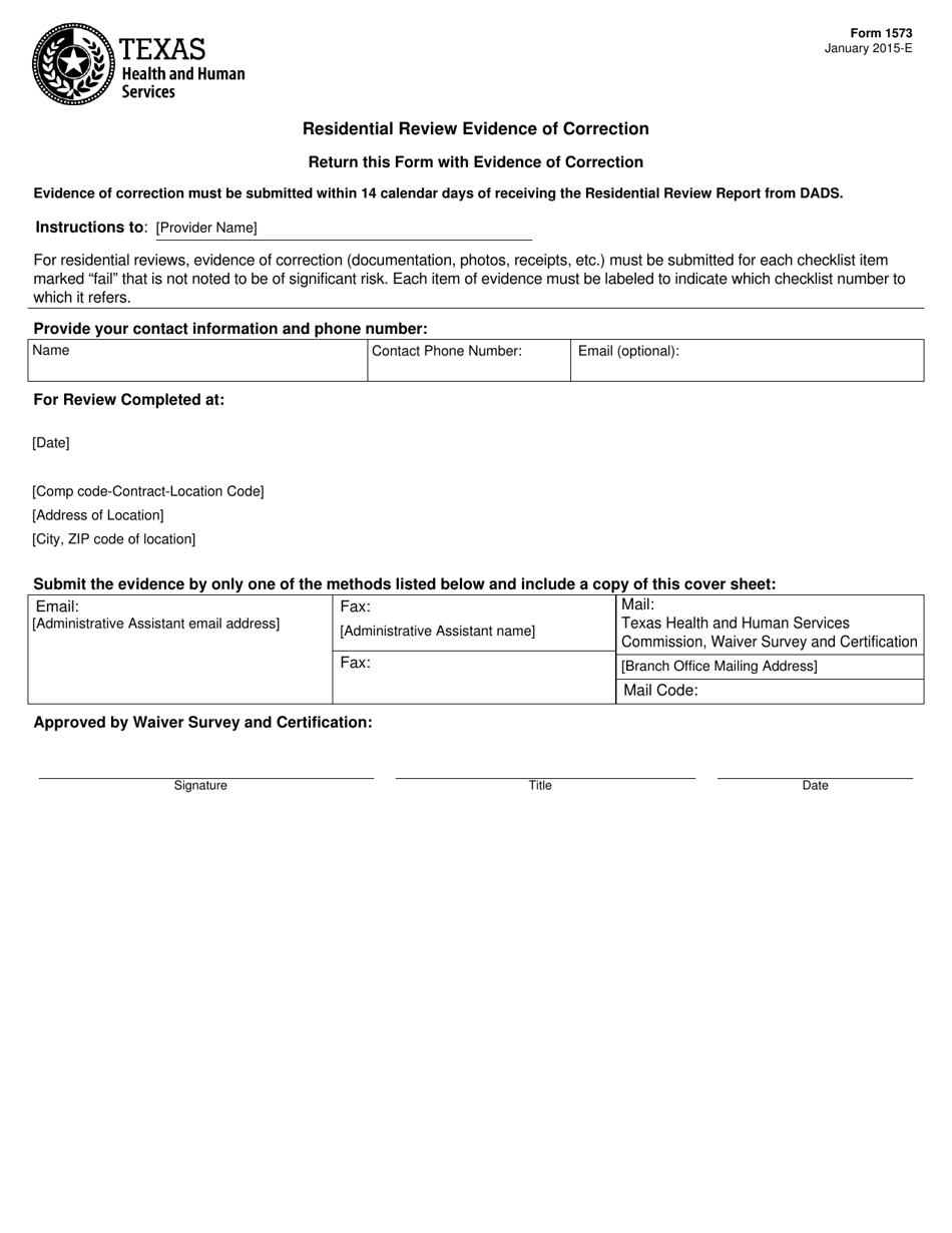 Form 1573 Residential Review Evidence of Correction - Texas, Page 1