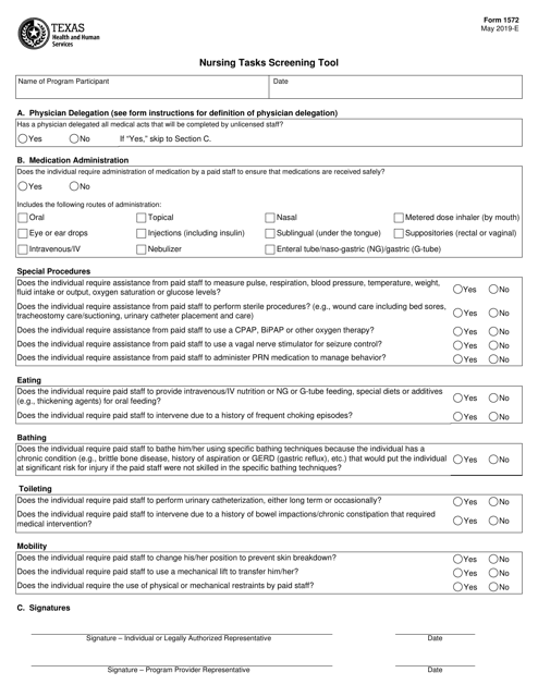 Form 1572 Nursing Tasks Screening Tool - Texas