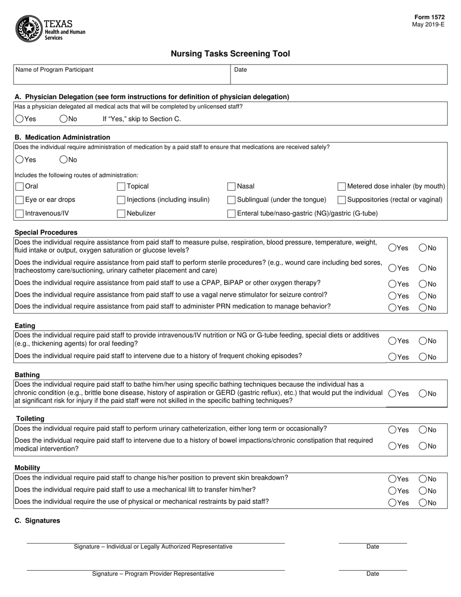 Form 1572 Nursing Tasks Screening Tool - Texas, Page 1