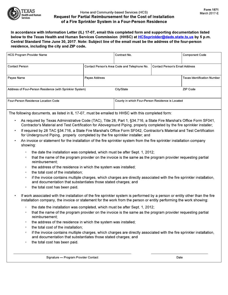 Form 1571 Request for Partial Reimbursement for the Cost Installation of a Fire Sprinkler System in a Four-Person Residence - Texas, Page 1