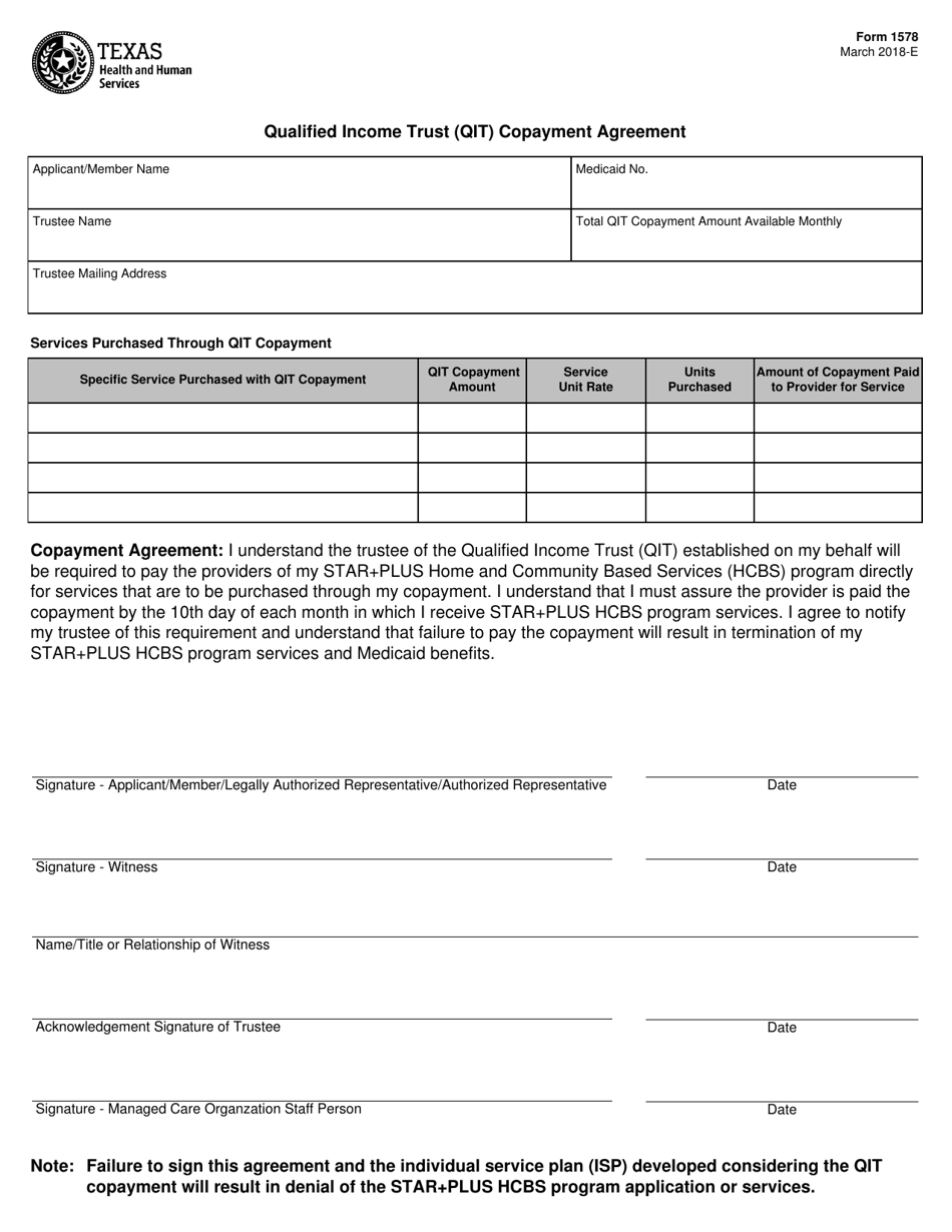 Form 1578 Qualified Income Trust (Qit) Copayment Agreement - Texas, Page 1