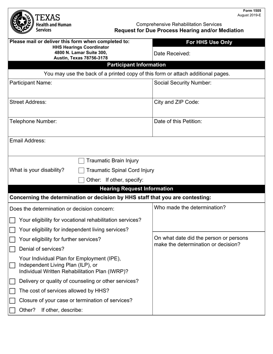 Form 1505 Request for Due Process Hearing and / or Mediation - Texas, Page 1