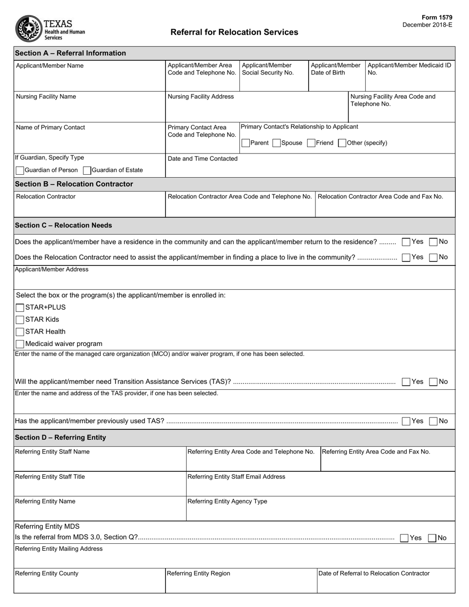 Form 1579 Referral for Relocation Services - Texas, Page 1