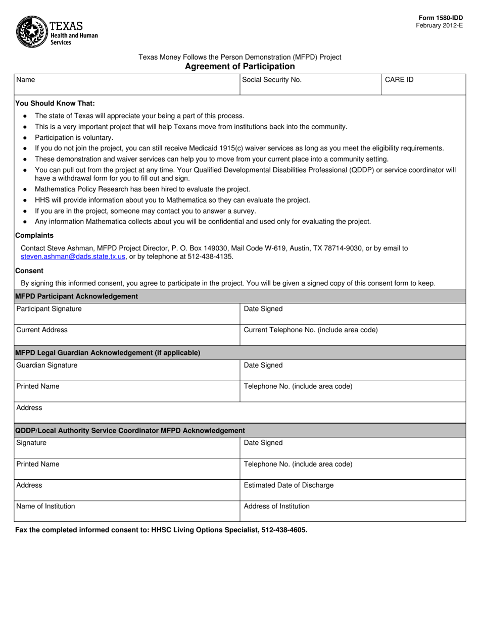Form 1580-IDD Agreement of Participation - Texas, Page 1